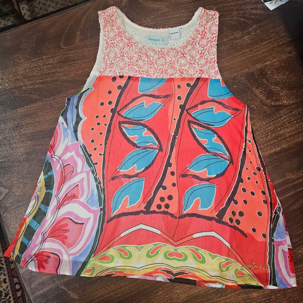 Desigual Mixed Media Lace Tropical Graphic Sleeveless Top Size M